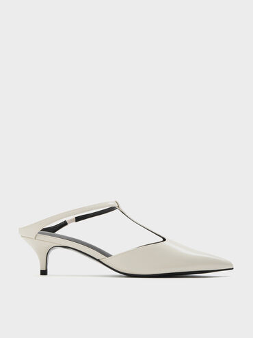 Sepatu Mules Kitten-Heel Pointed-Toe T-Bar, Chalk, hi-res
