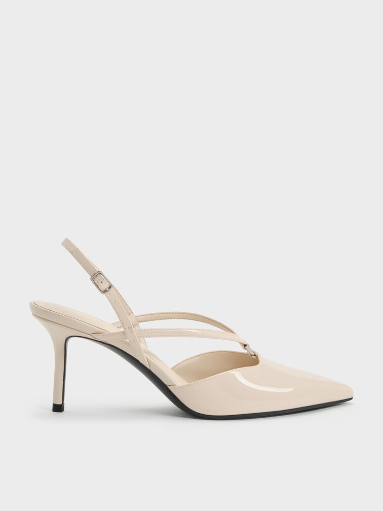 Patent V-Strap Slingback Pumps, Chalk, hi-res