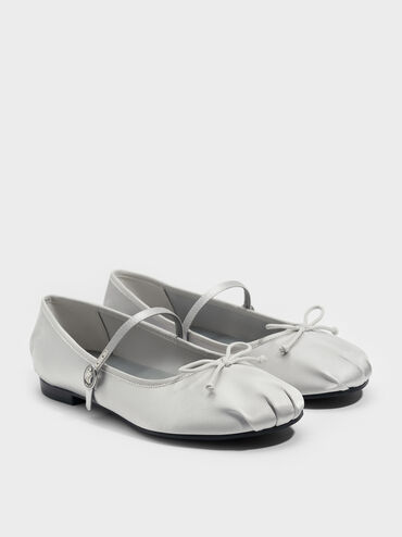 Emiko Satin Bow Mary Jane Flats, Silver, hi-res