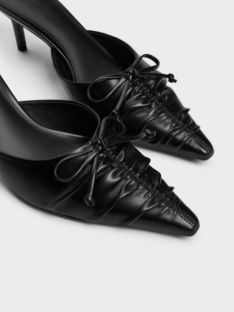 Ruched Bow Pointed Heeled Mules, Black, hi-res