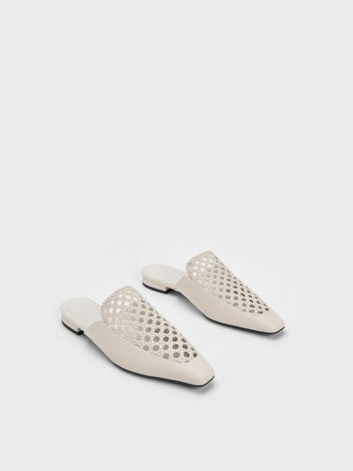 Woven Tapered Flat Mules, Chalk, hi-res