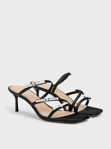 Jessy Gem-Bow Heeled Sandals, Black Textured, hi-res