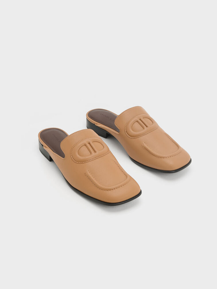 Sepatu Flats Oval Stitch-Trim Slip-On, Camel, hi-res