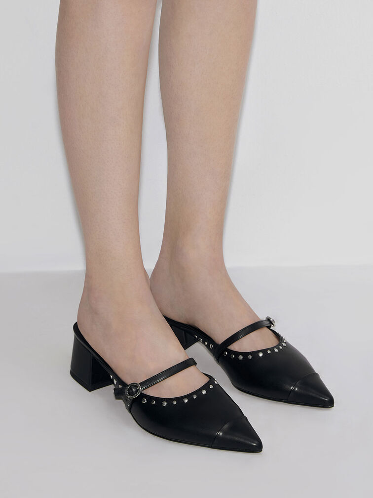 Sepatu Mules Studded Pointed-Toe Block Heel, Black, hi-res
