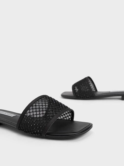 Sandal Slide Mesh Gem-Encrusted, Black, hi-res