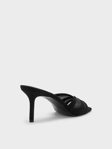 Sepatu Mules Heeled Mesh & Faux Suede, Black Textured, hi-res