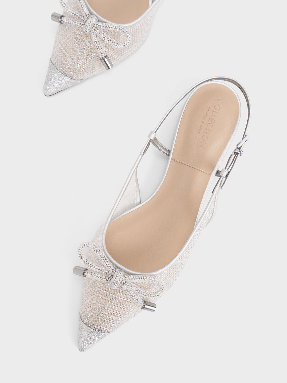 Sepatu Ballerina Slingback Mesh Embellised-Bow, Silver, hi-res