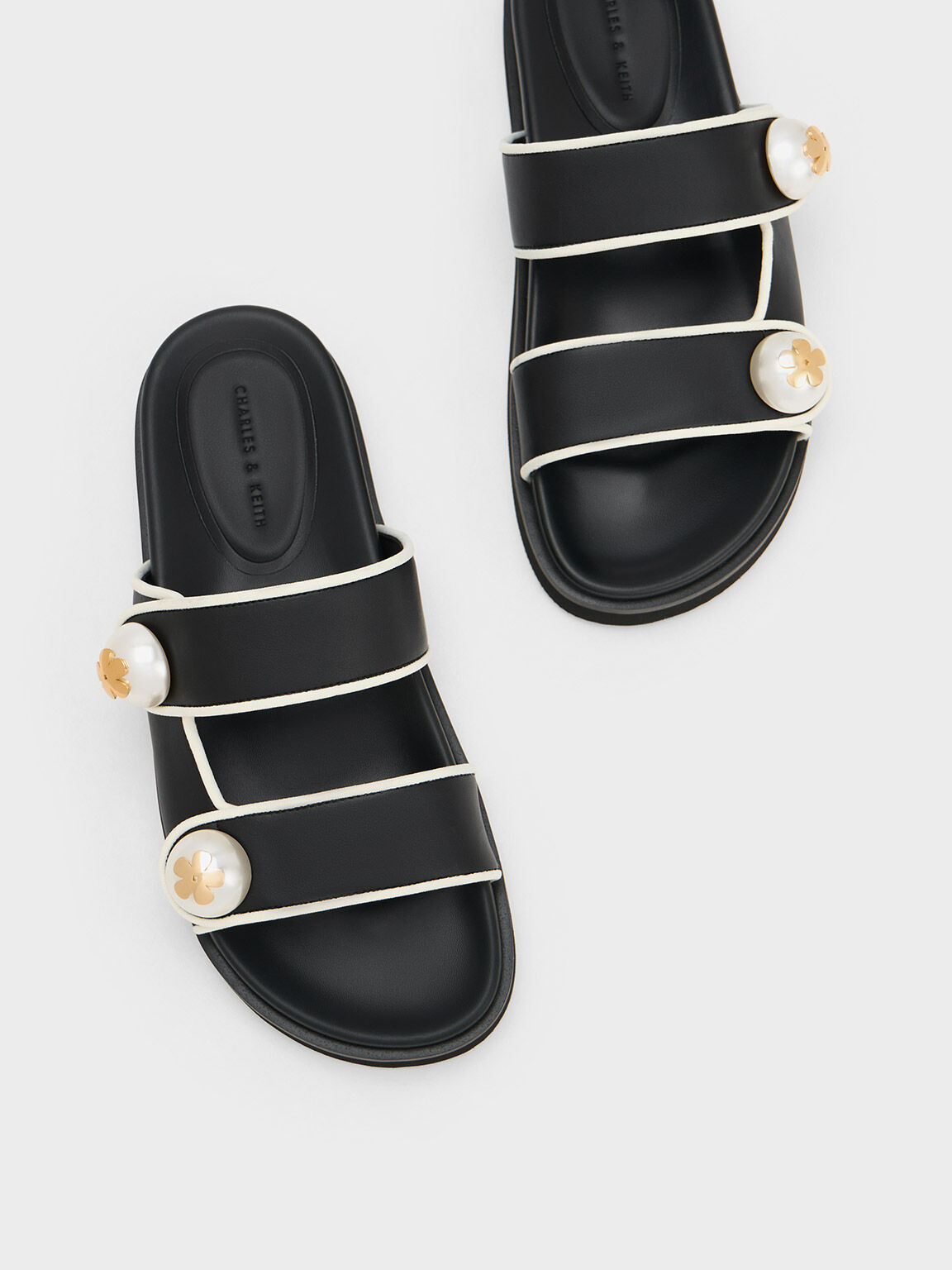 Sandal Slides Pearl Embellished Contrast-Trim, Black, hi-res
