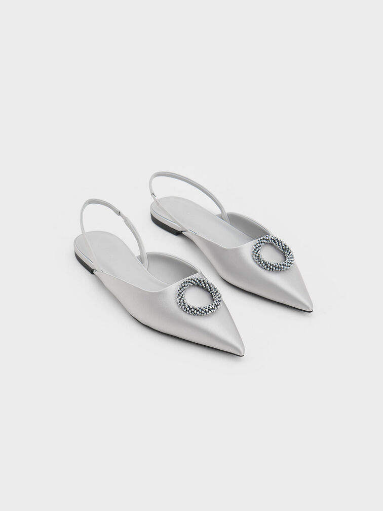 Recycled Polyester Beaded Circle Slingback Flats, Silver, hi-res