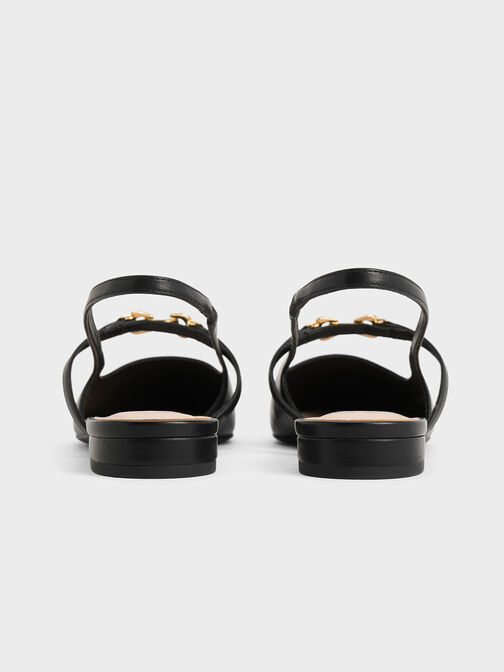 Sepatu Slingback Flats Pointed-Toe Metallic-Accent, Black, hi-res