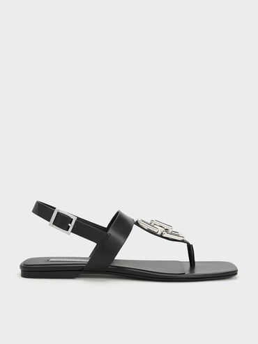 Chain-Link T-Bar Sandals, Black, hi-res