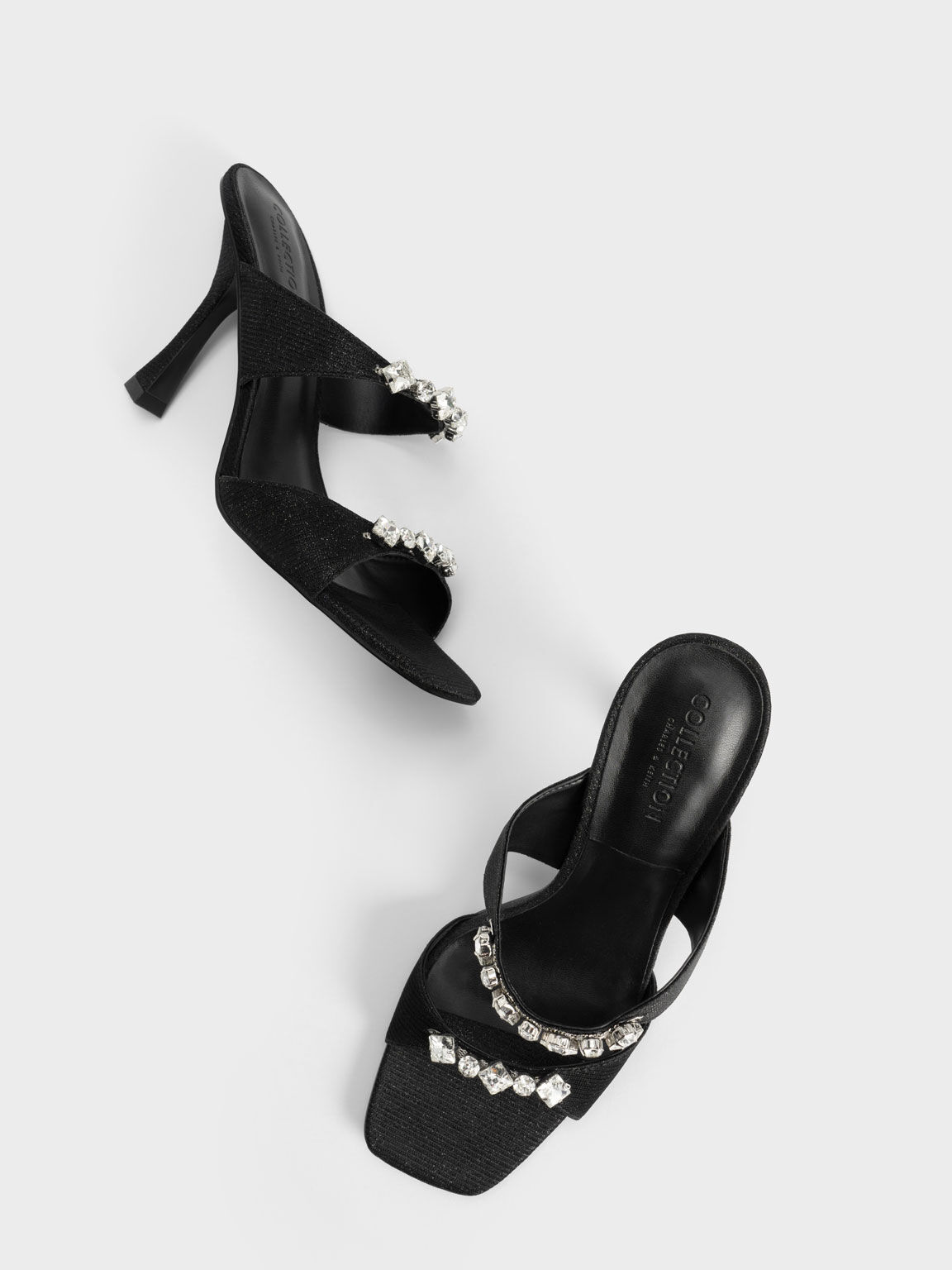 Sandal Heeled Metallic Gem-Encrusted, Black, hi-res