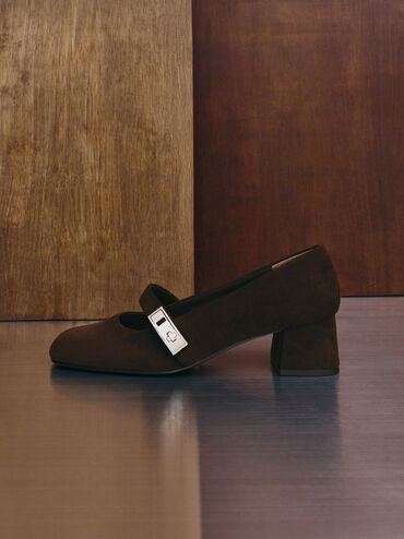 Lando Faux Suede Mary Jane Pumps, Dark Brown Textured, hi-res