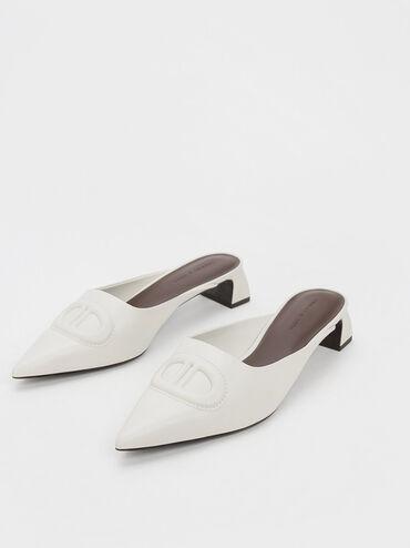Sepatu Mules Oval Stitch-Trim Pointed-Toe, Chalk, hi-res