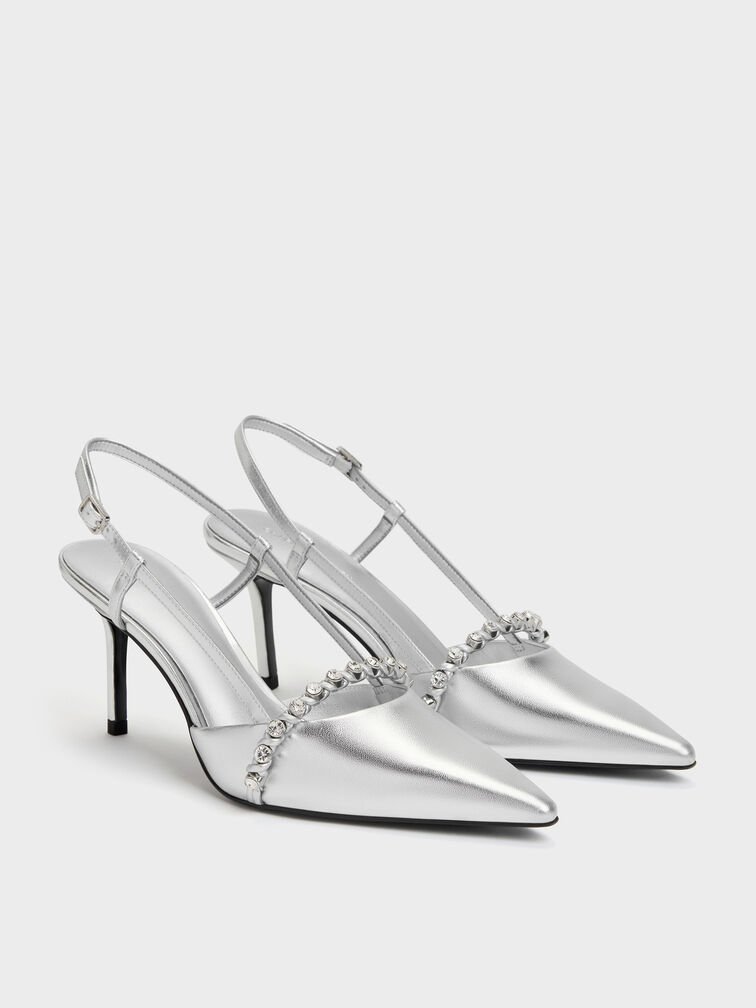 Sepatu Pumps Slingback Crystal Metalik, Silver, hi-res