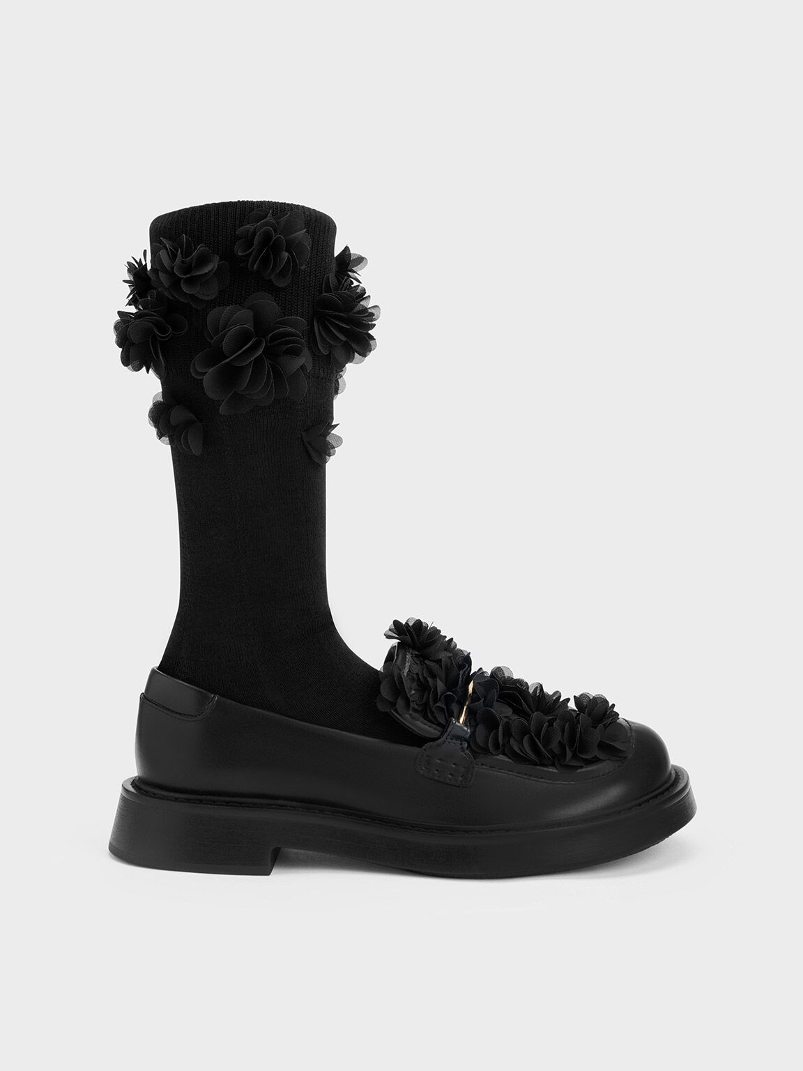 Sepatu Loafers Floral Mesh, Black, hi-res