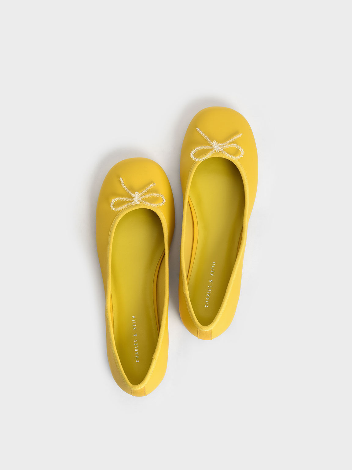 Sepatu Flat Ballerina Bead Embellished Bow-Tie, Yellow, hi-res