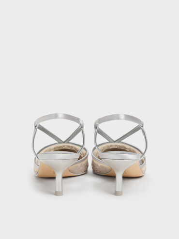Sepatu Kitten Heels Slingback Embroidered-Satin, Silver, hi-res