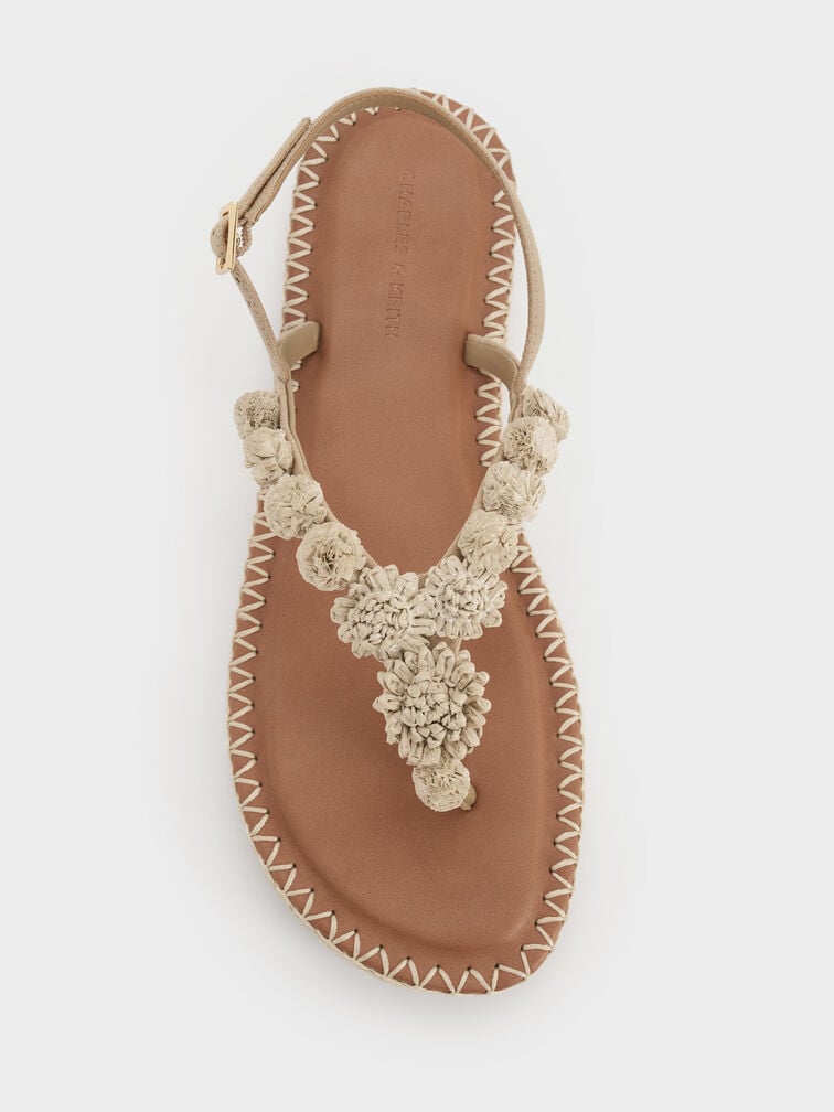 Sandal Thong Espadrille Flower Faux Suede, Sand, hi-res