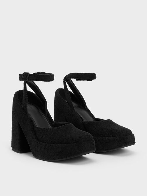 Sepatu Platform Pumps Ankle-Strap Loey, Black Textured, hi-res