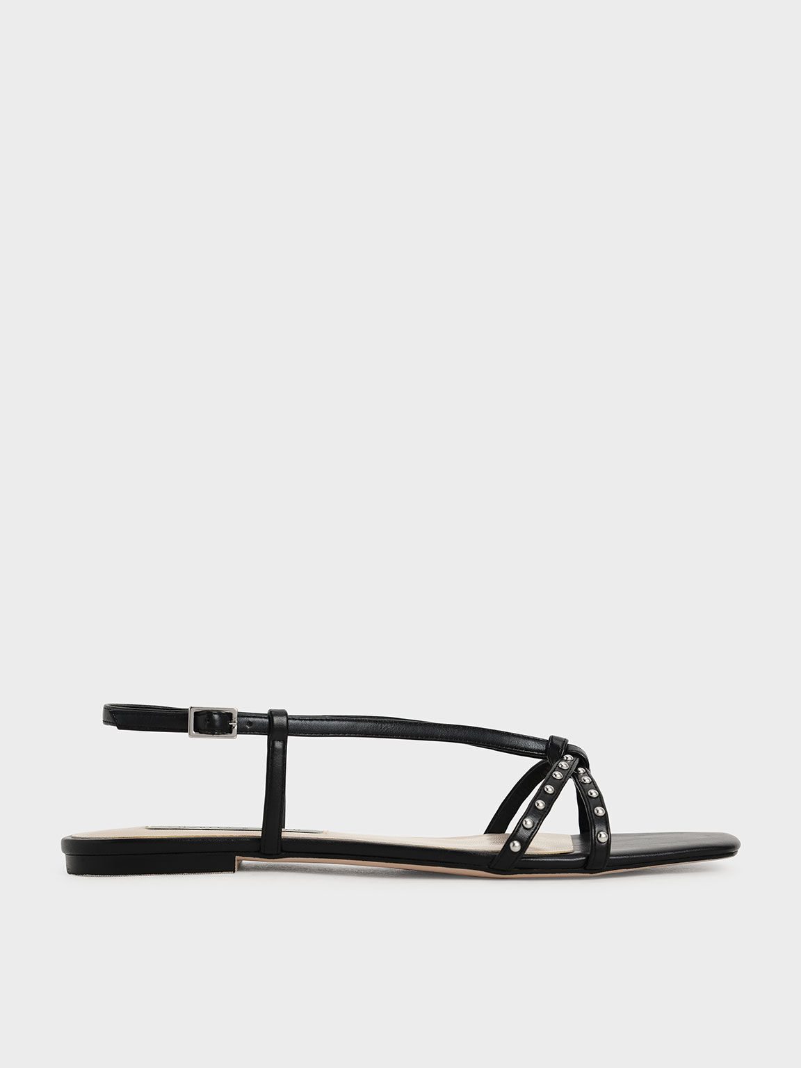 Black Studded Flat Slingback Sandals - CHARLES & KEITH ID