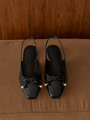 Barbara Patent Pearl-Bow Slingback Flats, Black Patent, hi-res