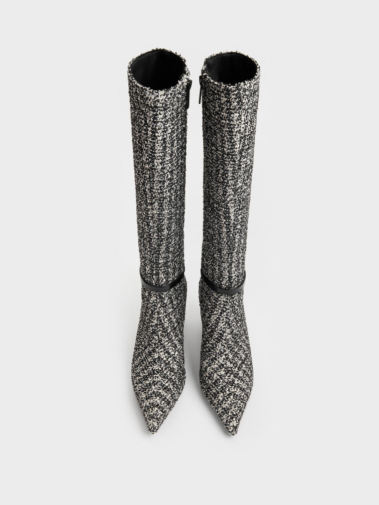 Tweed Pointed Heeled Knee-High Boots, Black Textured, hi-res