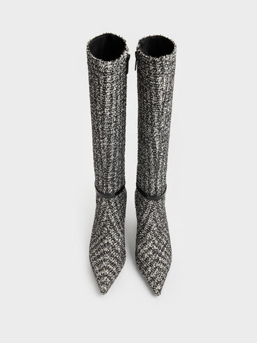 Tweed Pointed Heeled Knee-High Boots, Black Textured, hi-res