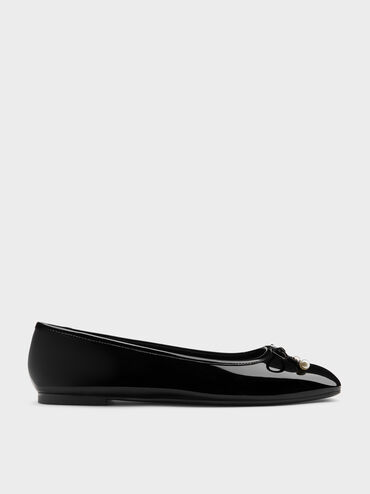 Sepatu Ballet Flats Pearl-Embellished Bow Barbara Patent, Black Patent, hi-res