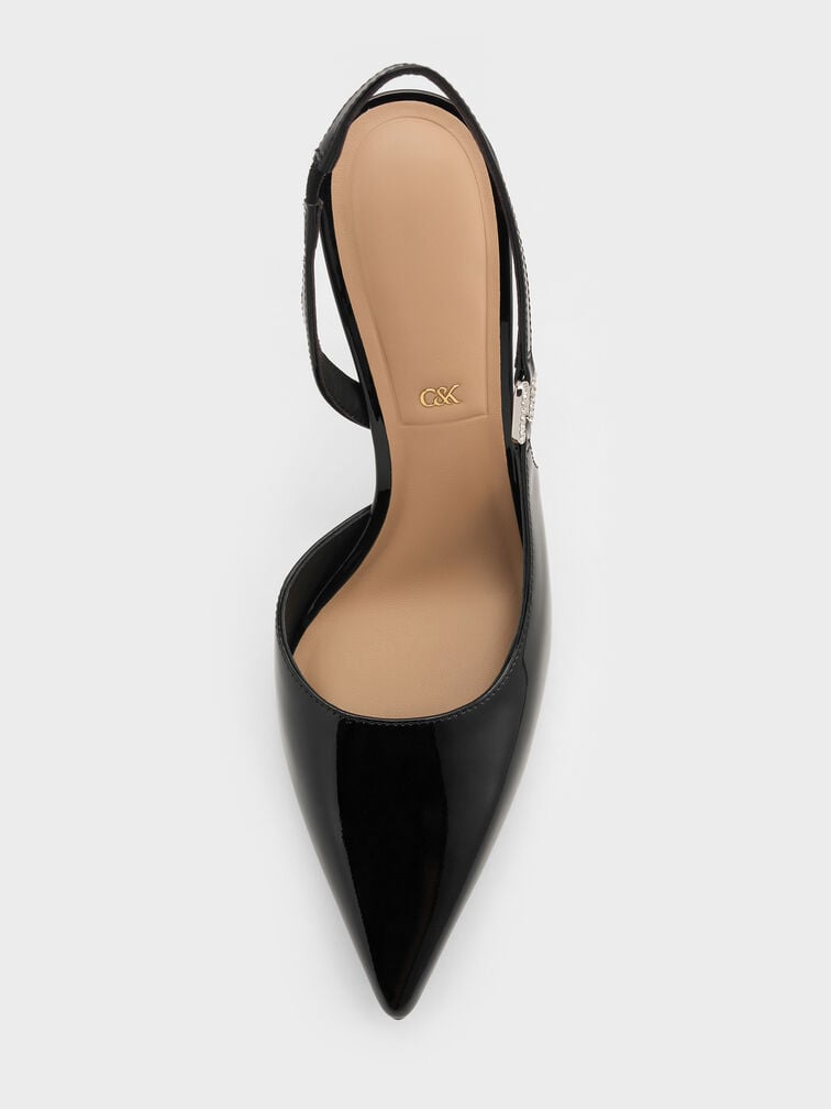 Sepatu Pumps Slingback Crystal-Buckle Patent Leather, Black Patent, hi-res