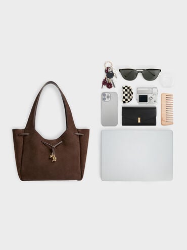 Mila Recycled Suede Metallic-Knot Drawstring Tote Bag, Espresso Brown, hi-res