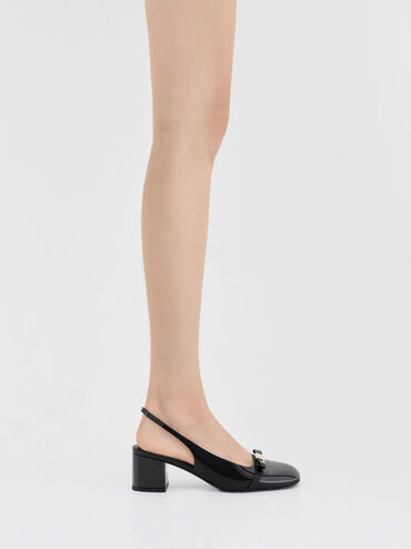 Sepatu Slingback Pumps Block-Heel Patent Bow Dorian, Black Patent, hi-res