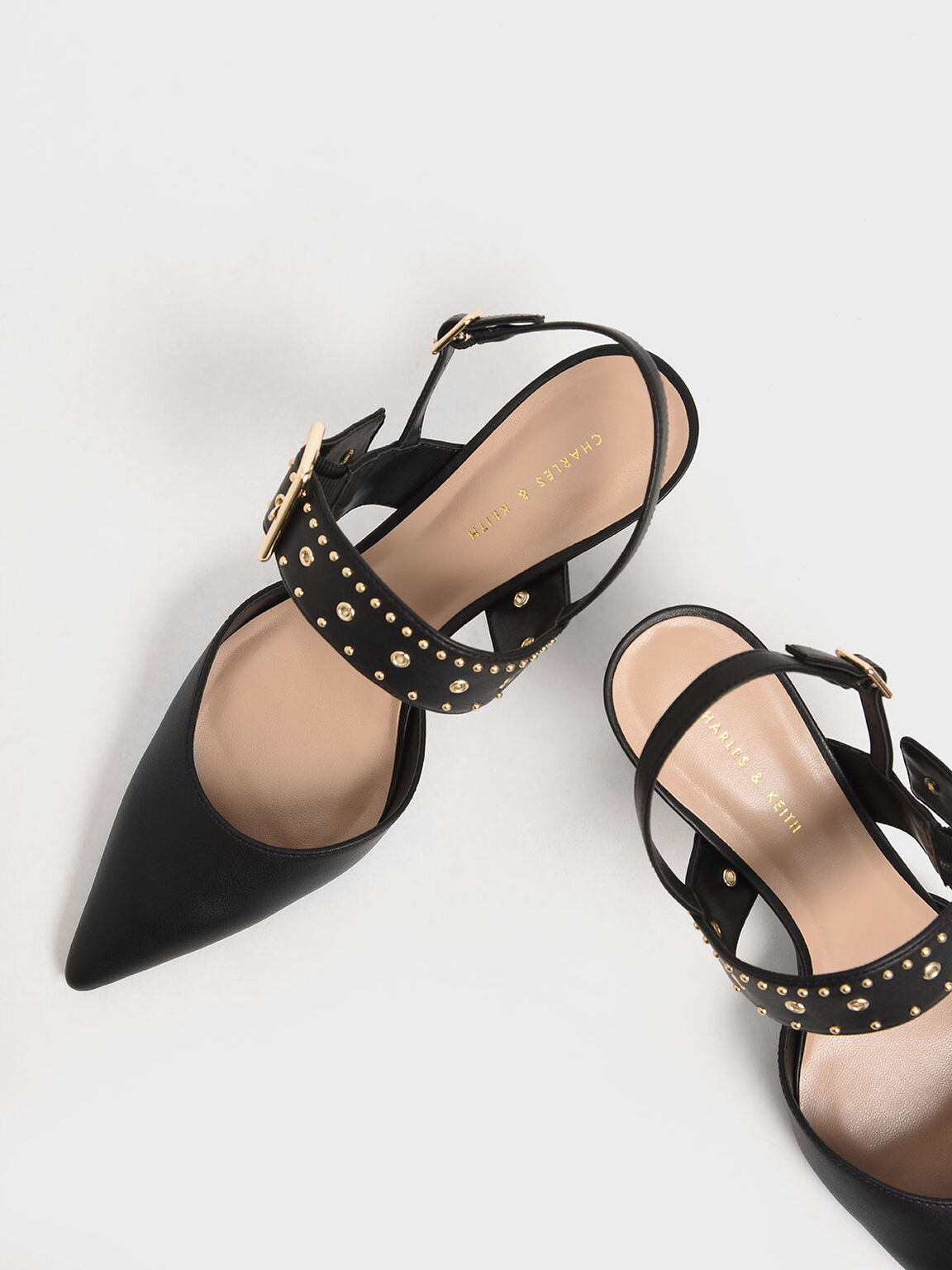 Sepatu Studded Slingback Heels, Black, hi-res