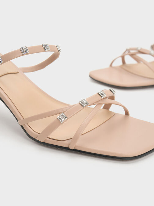 Sepatu Heeled Mules Square Crystal-Embellished Leather, Nude, hi-res