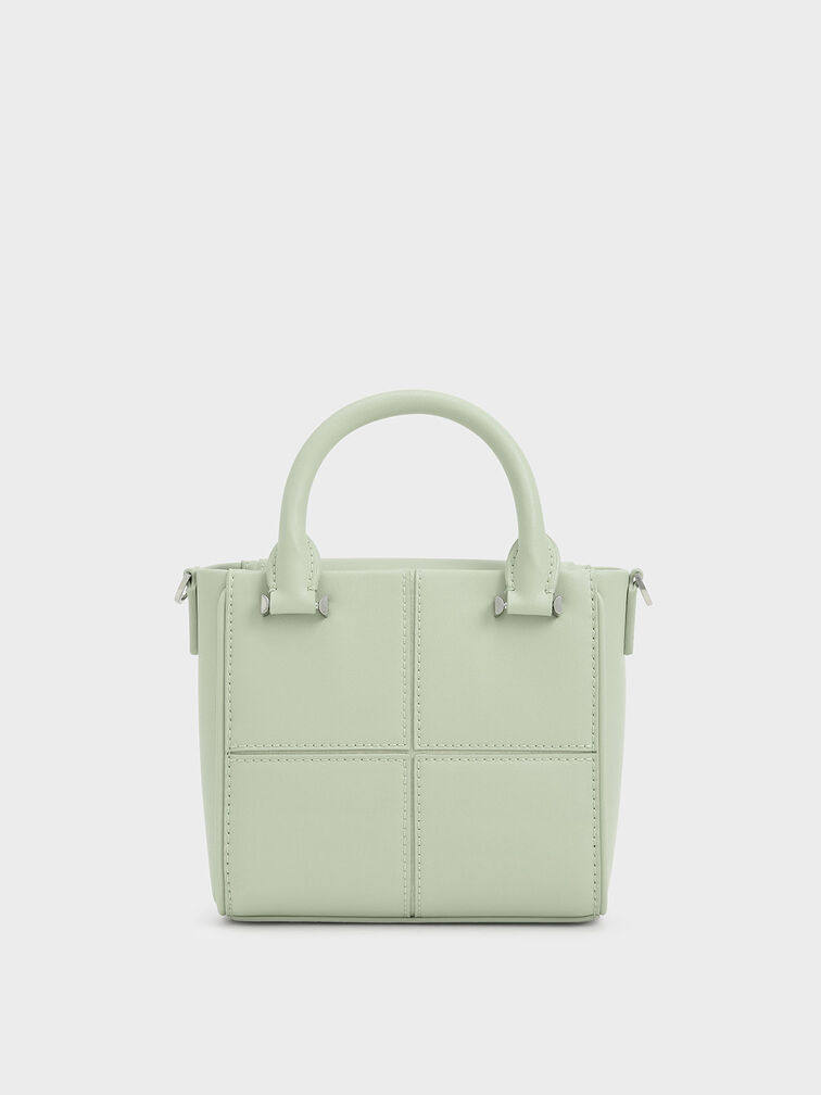 Textured Panelled Top Handle Bag, Mint Green, hi-res