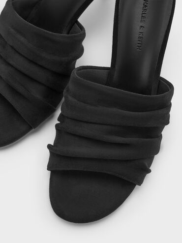Sepatu Mules Heeled Ruched Faux Suede, Black Textured, hi-res