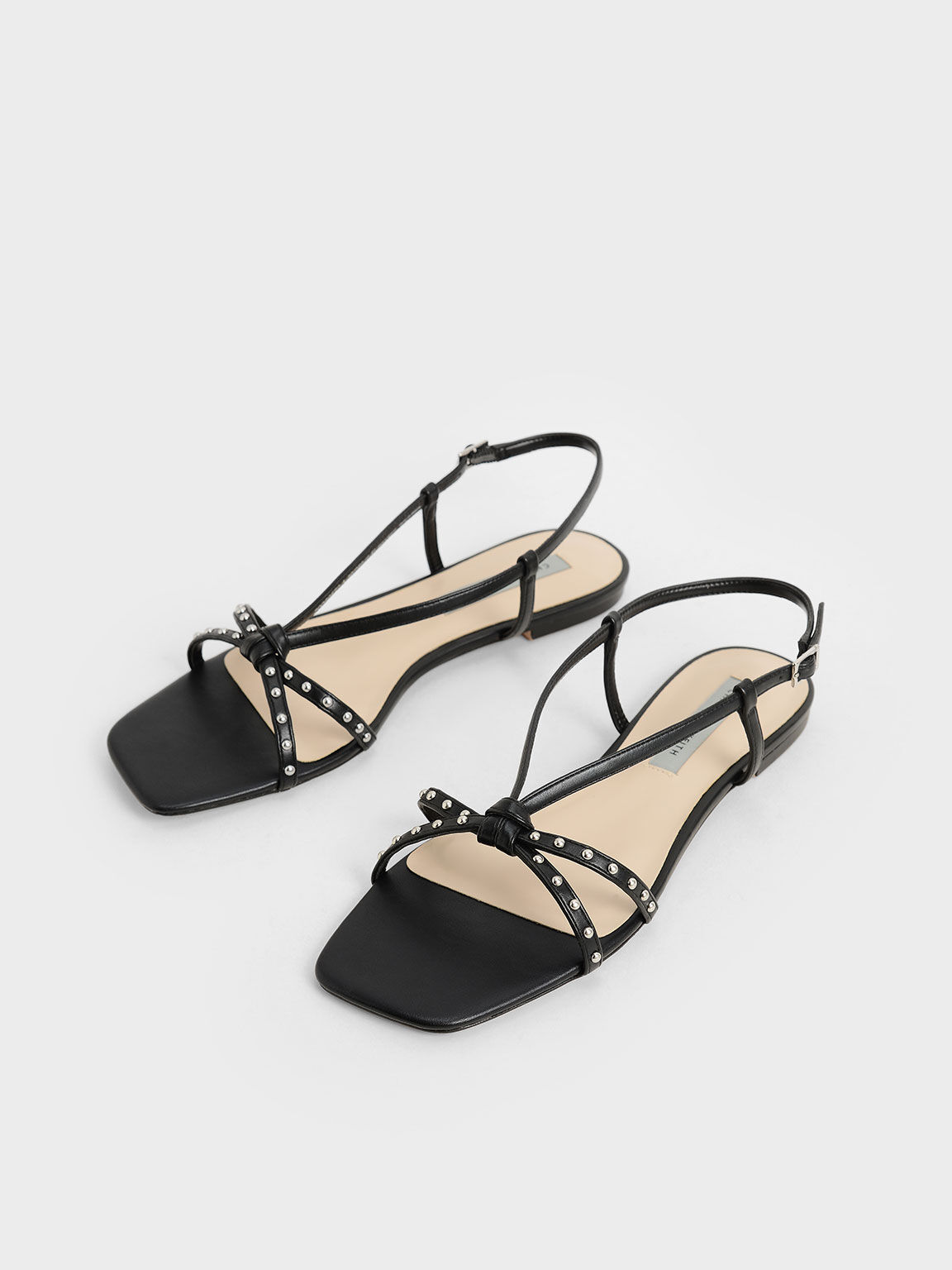 Studded Flat Slingback Sandals, Black, hi-res