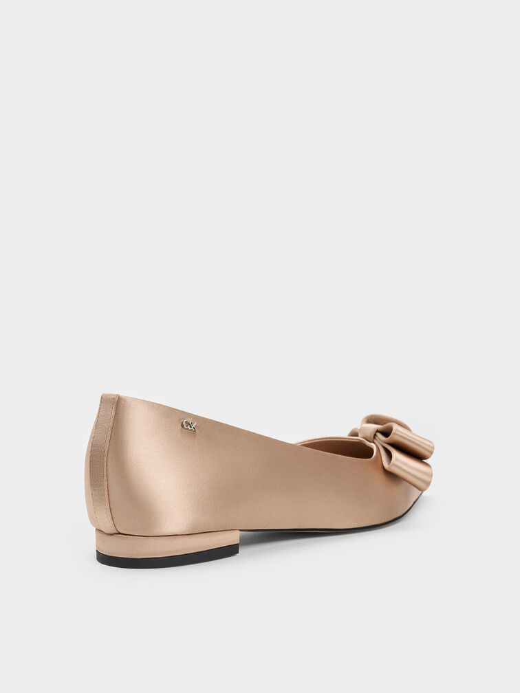 Sepatu Flats Ballet Pointed Pleated-Bow, Nude, hi-res
