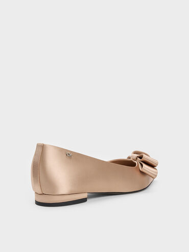 Sepatu Flats Ballet Pointed Pleated-Bow, Nude, hi-res