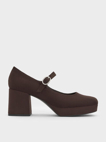 Faux Suede Platform Block-Heel Mary Jane Pumps, Dark Brown Textured, hi-res