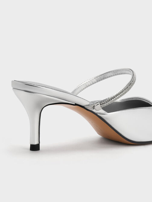 Sepatu Mules Pointed-Toe Braided-Strap Metallic, Silver, hi-res