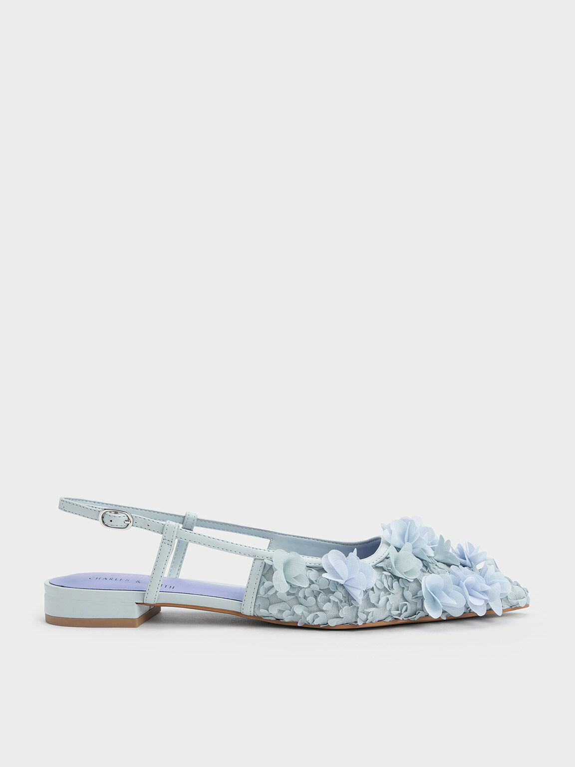 Sepatu Flats Slingback Floral Mesh, Light Blue, hi-res