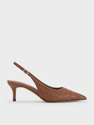 Sepatu Slingback Pumps Pointed-Toe Woven Ivette, Caramel, hi-res