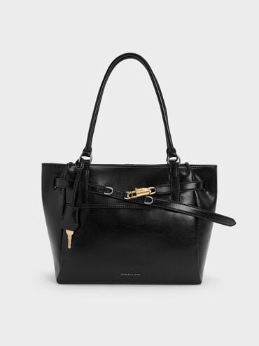 Delfina Belted Tote Bag, Noir, hi-res