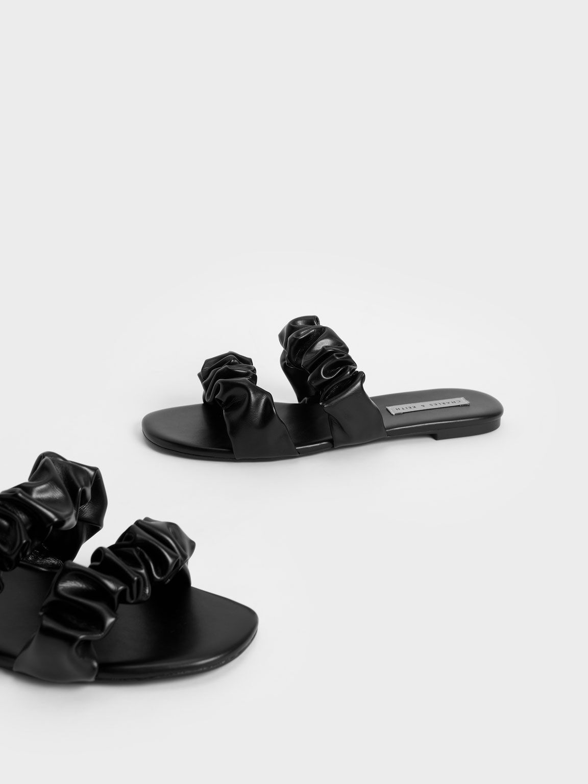 Ruched Strap Slide Sandals, Black, hi-res