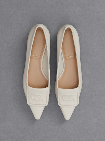 Sepatu Flats Pointed-Toe Leather, White, hi-res
