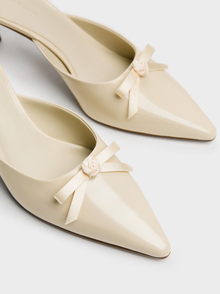 Rose-Bow Pointed Heeled Mules, Beige, hi-res