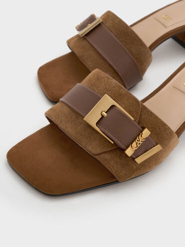 Sepatu Mules Block-Heel Buckle Suede & Leather Whitney, Brown, hi-res