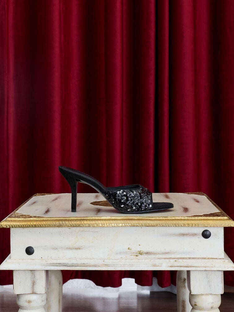 Sepatu Mules Stiletto-Heels Sequinned, Black Textured, hi-res