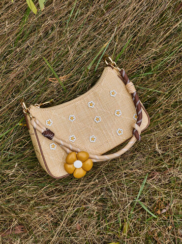 Tas Selempang Flower Philomena Raffia, Beige, hi-res